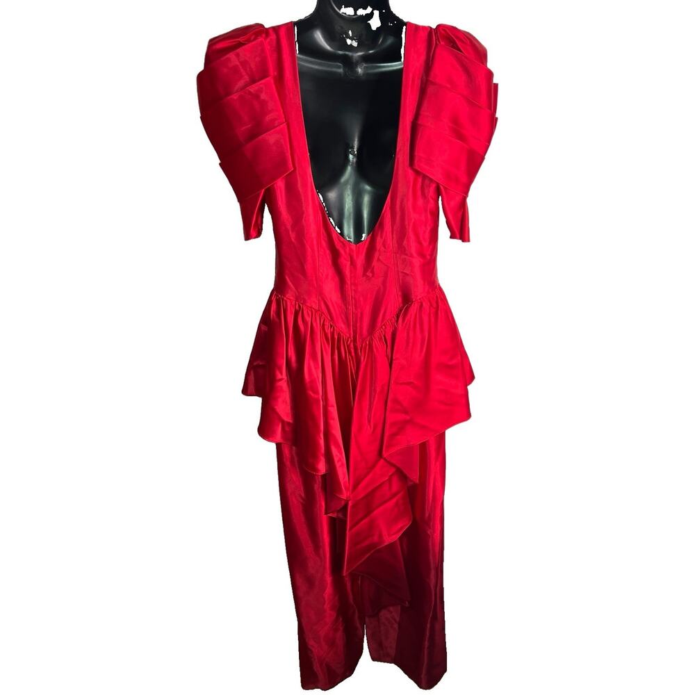 Vintage Dance Allure Red Satin Party Prom Dress Faux Pearl Appliqué Tag Sz 9/10 - Picture 4 of 13